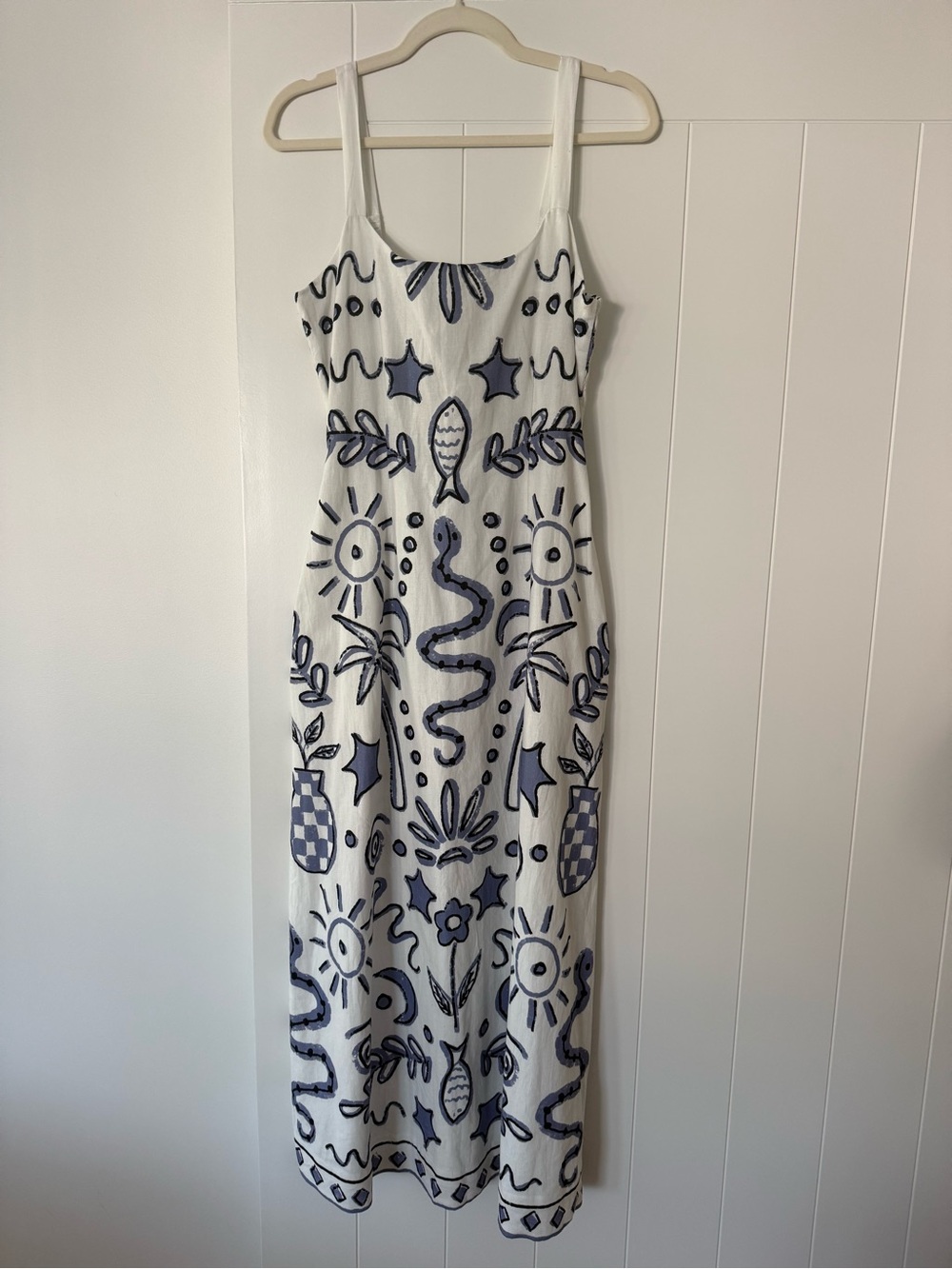 Cleobella Shelly ankle sundress Verona print white with blue coastal vibe motif.